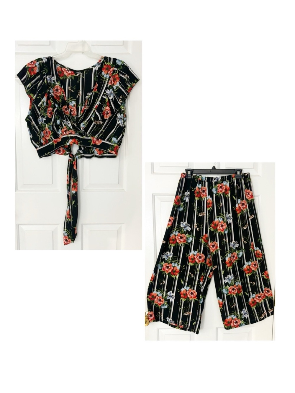 Women's 2 Pc Floral Capri Wide Leg Pants & Crop Top w/Back Tie-Up Sz XL, Black